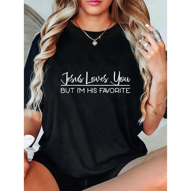 

Women Plus Size 100% Cotton T-Shirt Black White Lettering Loves You But I m His Favorite Soft Breathable Relaxed Fit Casual Gift Machine Washable Top S чёрный