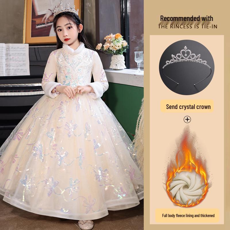 Autumn & Winter Thickened Girls' Birthday Princess Dress - Flower Girl, Wedding Host, Piano Performance Costume