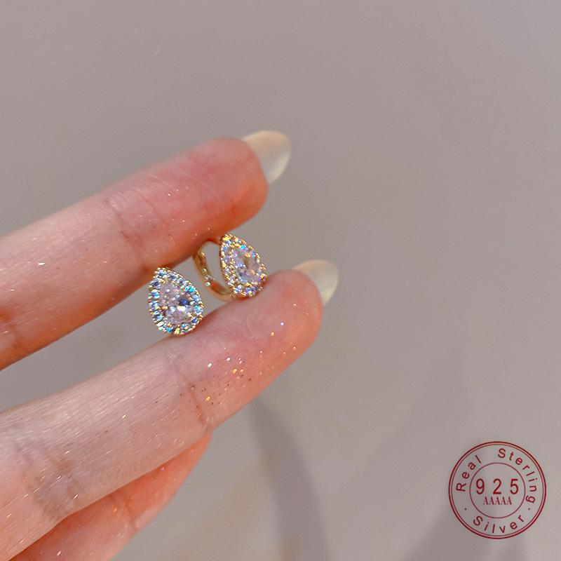 French Exquisite Small Zircon Water Droplet 925 Sterling Silver Plated 14K Gold Earrings for Women Wedding Party Jewelry