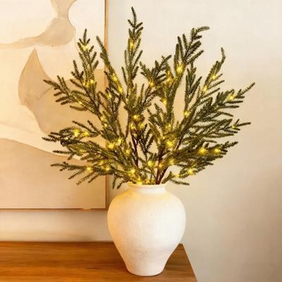 5/10Pcs Lighted Norfolk Pine Branches Christmas Artificial Pine Needle Stem with LED Light Pre-Lit Fake Greenery Plants Pick Party Decoration