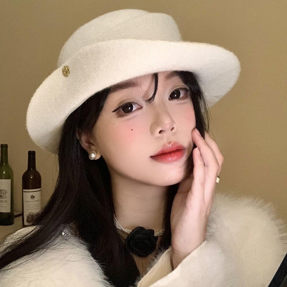 Woolen Hepburn Style Flat-top Cap Elegant Women Jazz Hat Vintage Black Felt Hat  Dinner