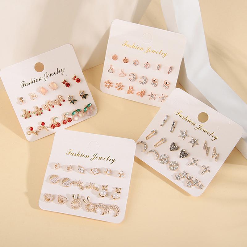12 Pairs/Set Women'S Pearl Flower Crystal Mix Design Studs Earrings Girls Elegant Gold Heart Ear Jewelry Gift