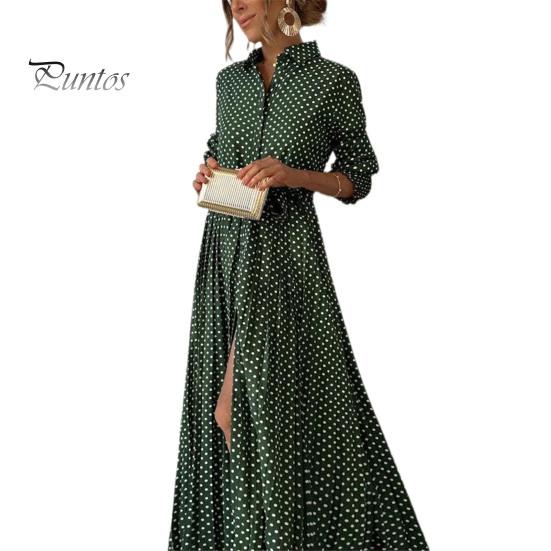 

Женское вечернее платье с короткими рукавами и точечным принтом трапециевидной формы с большим разрезом по подолу в богемном стиле с воротником-стойкой и эластичной резинкой на талии для выпускного вечера платье макси XXL зелёный