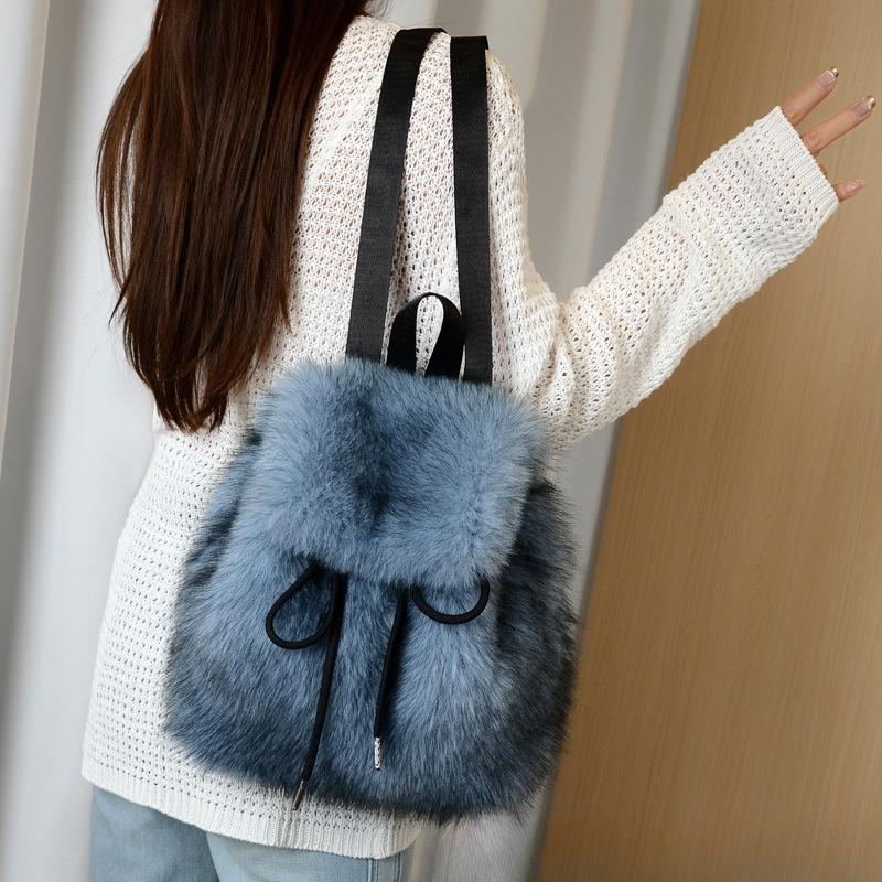 Mochila de Pelúcia Y2k Feminina Pequena Fofa com Cordão Leopardo Fofa Bolsa Macia Liso Lã Mochila de Lã Quente de Inverno Mini Mochila de Pele Sintética