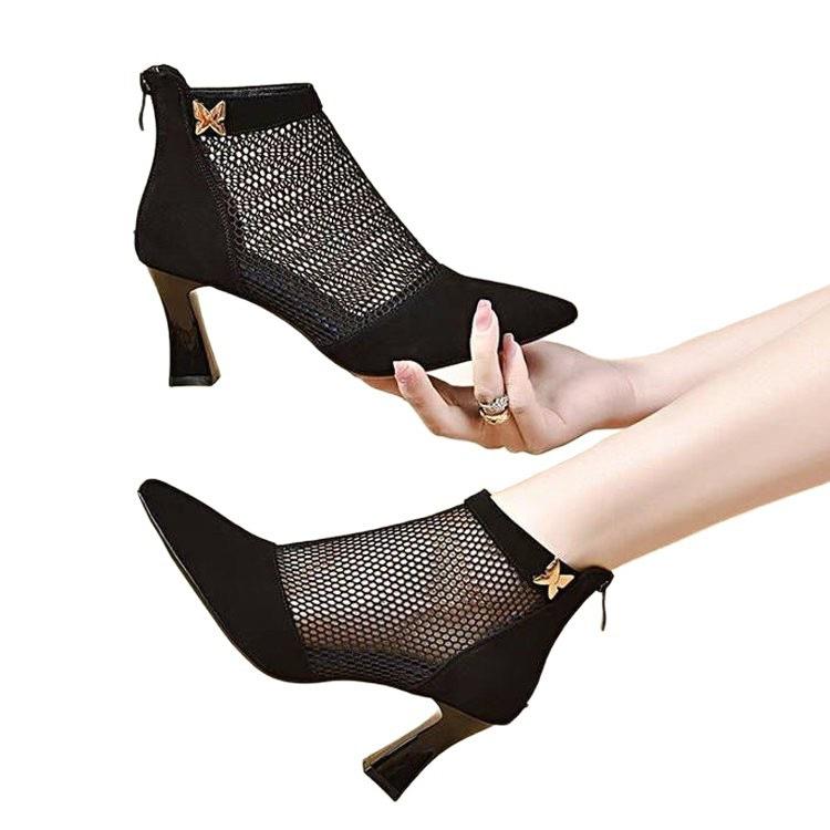 Spring and summer thick heel mesh cool boots new mesh boots pointed breathable hollow middle heel Roman shoes