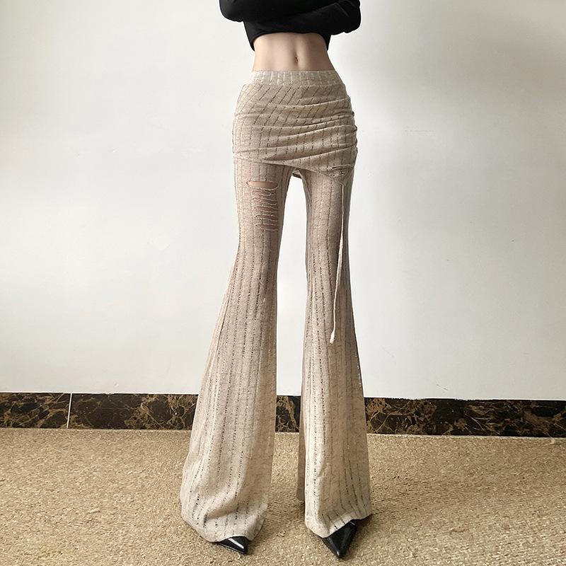 Autumn New Women's Solid Color Slim Street Fashion High Waist Casual Ripped Flared Pants
