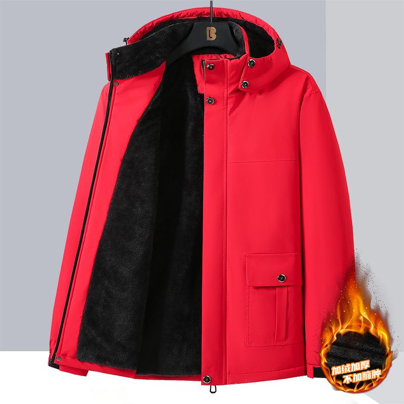 Men Hooded Fleece Lined Thick Jacket Solid Color Casual Outdoor Winter Coat