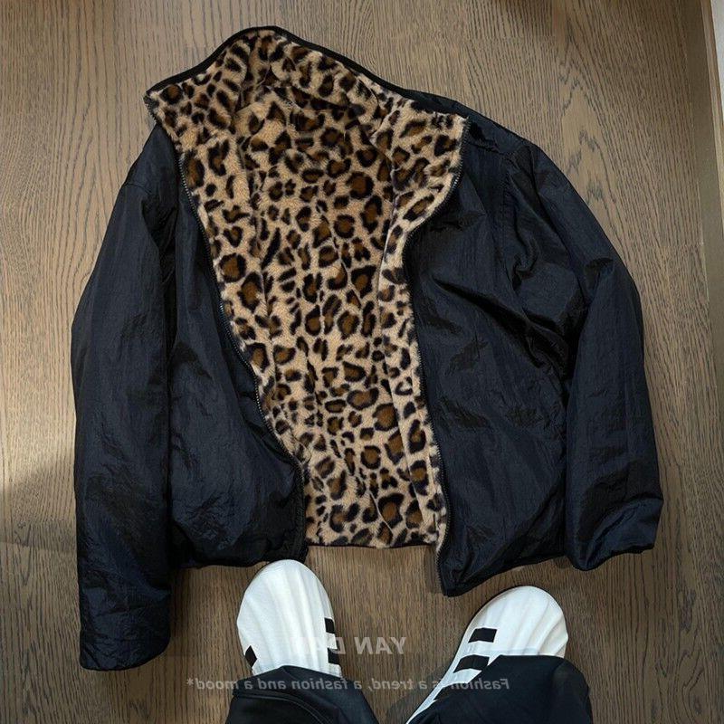 Men's Trendy Vintage Leopard Print Reversible Cotton Jacket with Thickened Anti-Rabbit Fur - American Retro Winter Coat