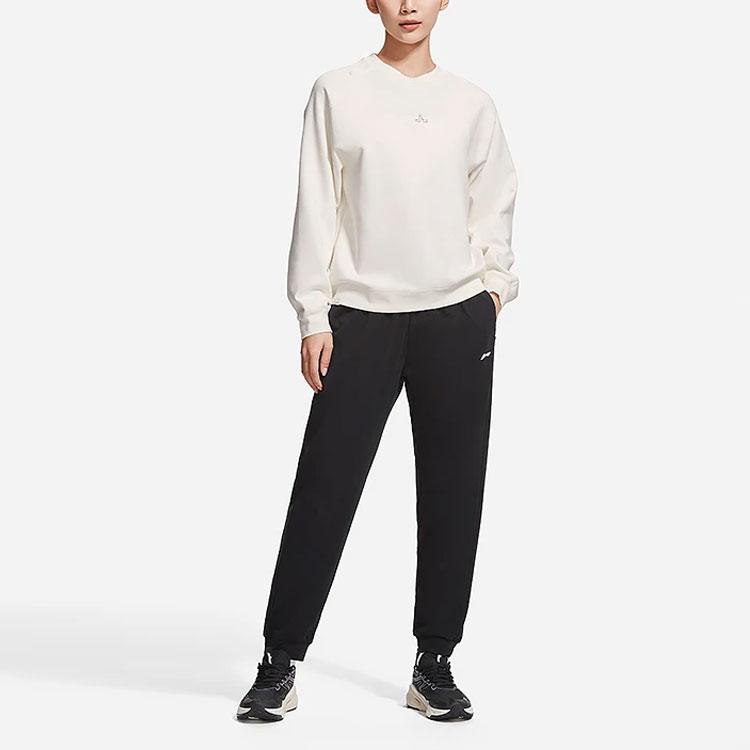 Li-Ning Fitness Series Solid Color Pullover Long-Sleeve Crew Neck Sweatshirt Women Tops Cream AWDS776-1