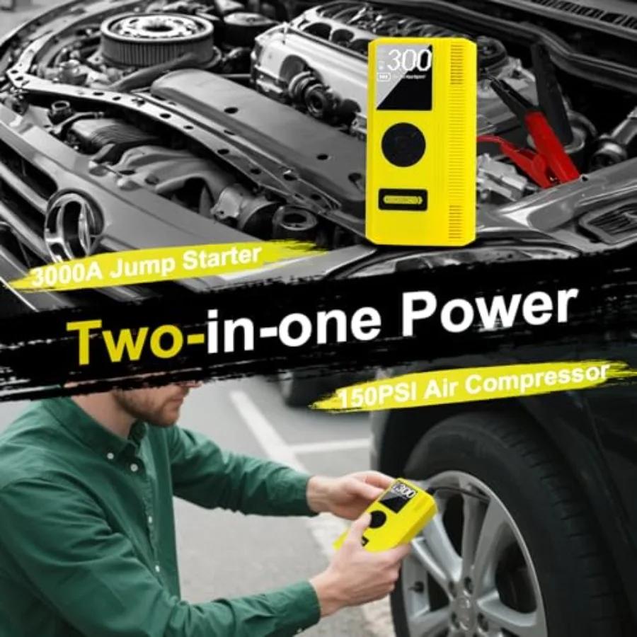 7-in-1 Portable Car Jump Starter with Air Compressor and Digital Tire Inflator 3000A 12V Power Pack for 9L Gasoline and 7L Dies