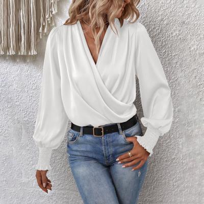 Holiday Casual Chic Shirt Women's Elegant V-neck Lantern Sleeve Soft Stylish Commuter Party Solid Color Top