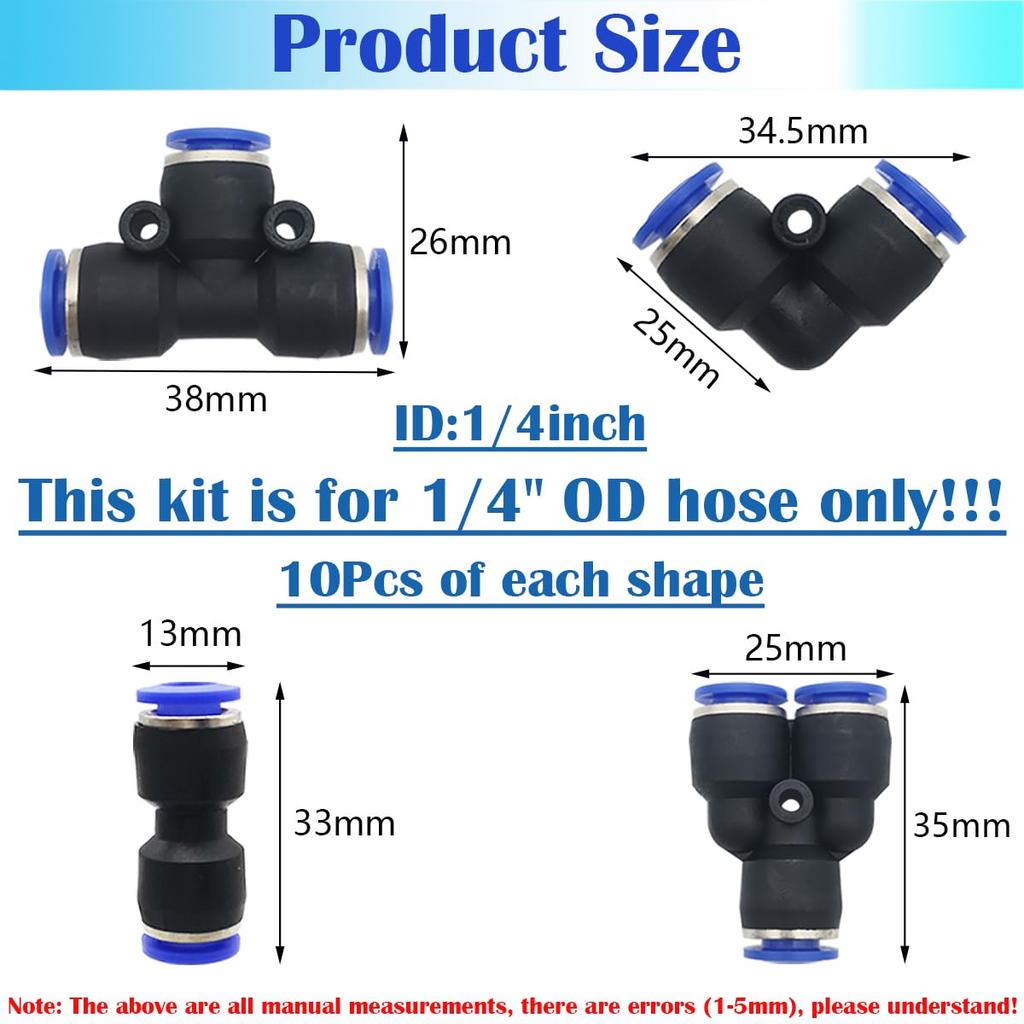 Pneumatic Fittings, Dujelixa One-Touch Fittings (40 Pieces 6mm Y+T+I+L Type Combo), Plastic 1/4" Diameter