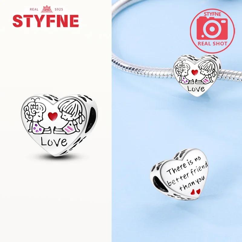 925 Silver Sisters On Swing Heart Charm Beads DIY Bracelet Fine Jewelry Gift for Women Sister Forever
