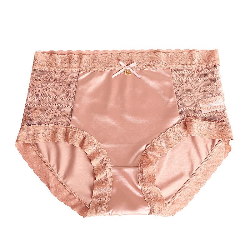 Women's Summer Sexy Lace Ice Silk Satin Tummy Lift Traceless Mid Waist Panties