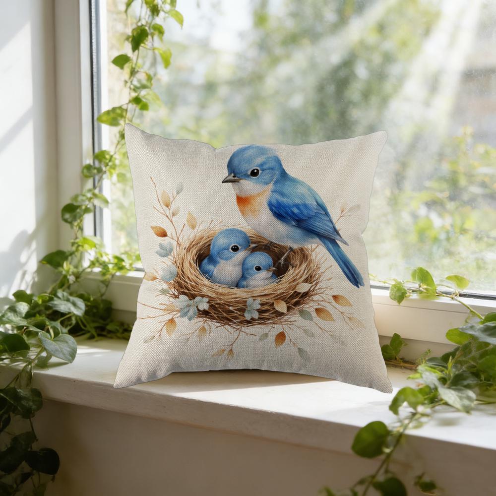Cushion Cover Blue Bird Nest With Chicks Print For Home Decor Window Seat Pillow Case