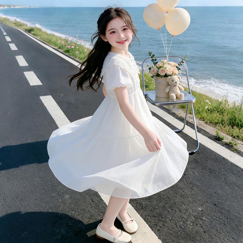 Girls' Summer White Princess Dress with Fairy Doll Collar