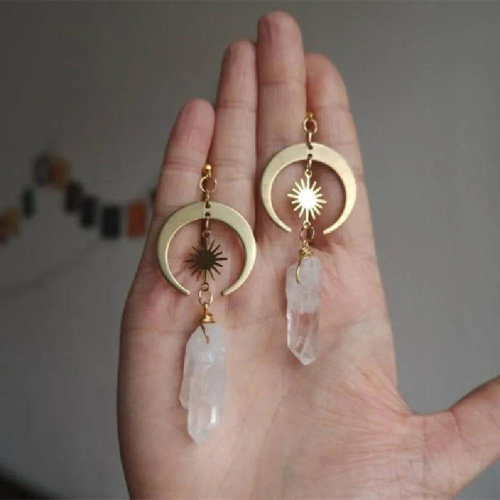 Retro Exquisite Stainless Steel Gold Color Sun Moon Natural White Crystal Stone Dangle Earrings for Women Jewelry Accessory Gift