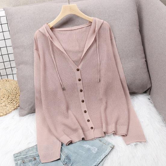 Women Tops Hooded Drawstring Long Sleeve Pure Color Casual Blouse Loose Fit Summer Thin Ice Silk Sun Protection Coat