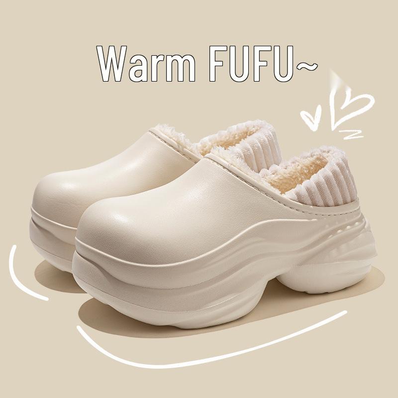 Women's Thick-Soled High-Heeled Cotton Slippers: Cozy Closed-Toe Velvet Shoes for Autumn/Winter