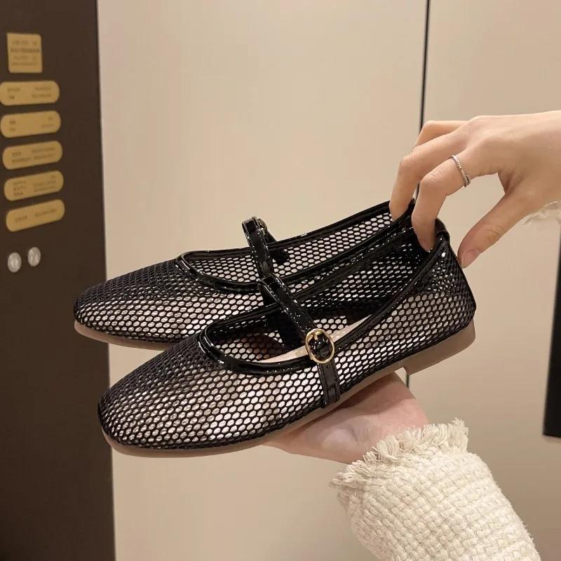 Fashion Mesh Mary Jane Shoes for Women 2025 Spring New Niche Round Toe Shallow Mouth Flat Ballet Shoes Women Sandals