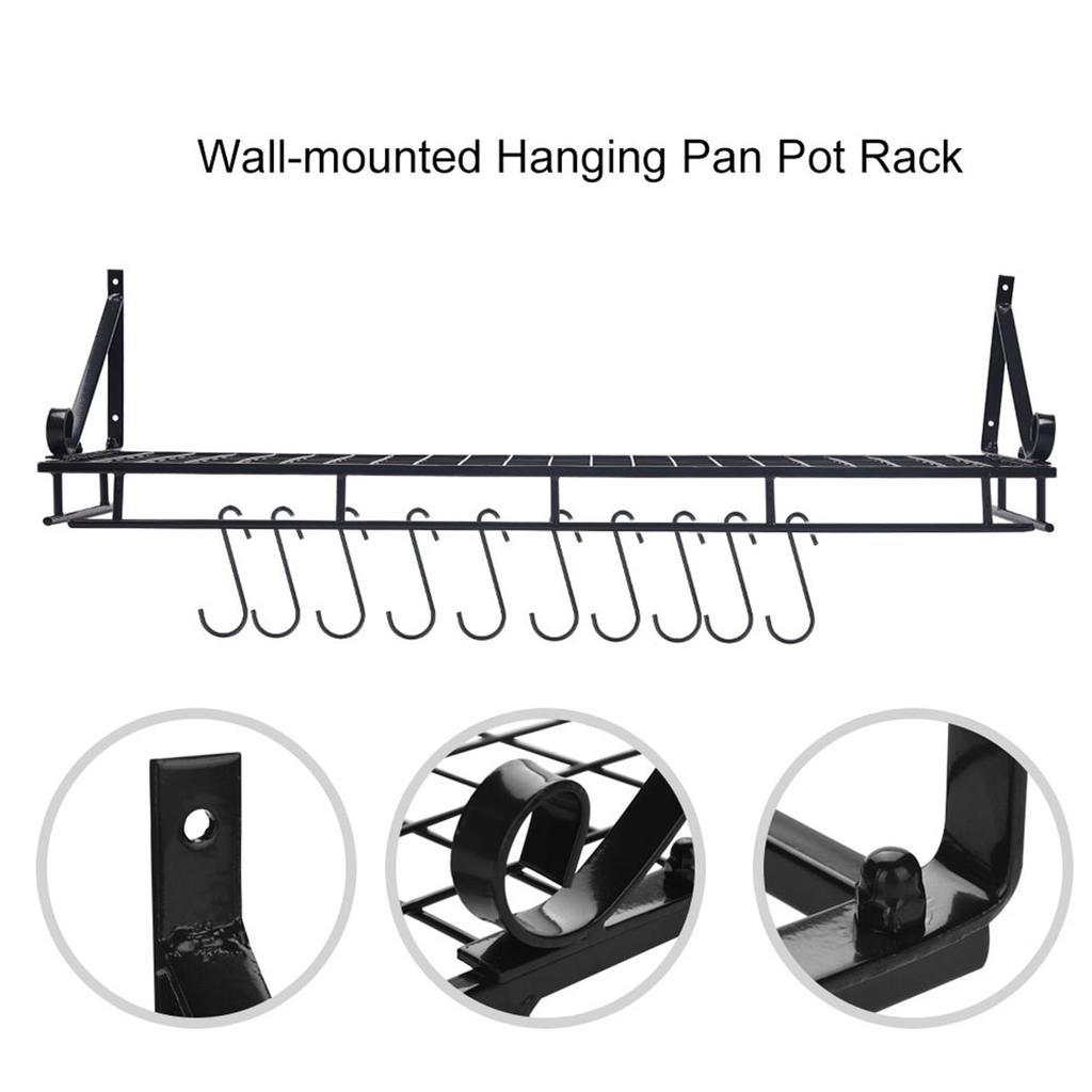 Metal Hanging Pan Pot Rack Wall Mounted with 10 Hook Holders Kitchen Storage Organizer