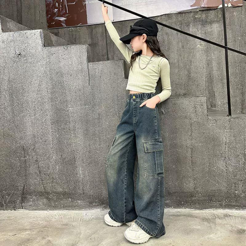 Girls Cargo Jeans Kids Wide-legged Denim Pants Teenagers Fashion Streetwear Loose Trousers Children Casual Clothes 5-12Y