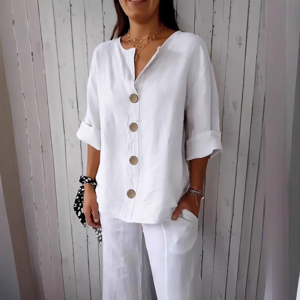 2025 Neues Sommer Lockeres T-Shirt Damen V-Ausschnitt Baumwolle und Leinen Knopf-Tops