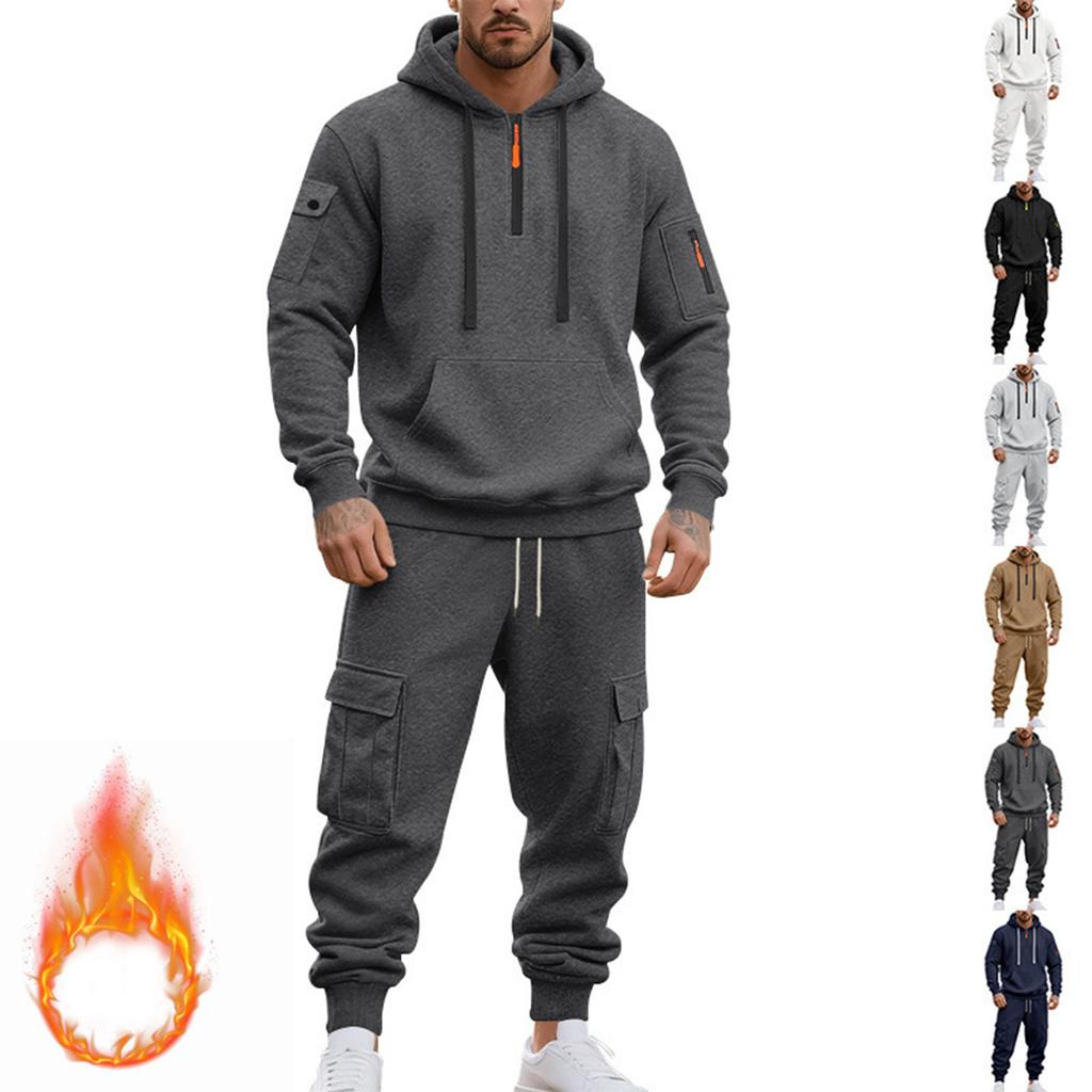 Men's Winter Fleece Multi-pocket Zipper Sweatshirt Suit Personalized Casual Hoodie Suit