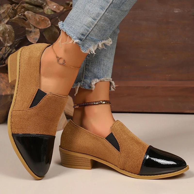 Leopard Printed Women's Low Heel Pumps Patent Leather Patchwork Dress Shoes for Women Comfy Pointed Toe Slip On Loafers