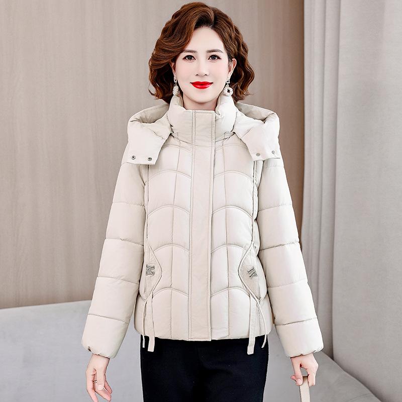 Fashion warm thickened short middle-aged and elderly hooded down cotton clothes, small thickened mother clothes in winter