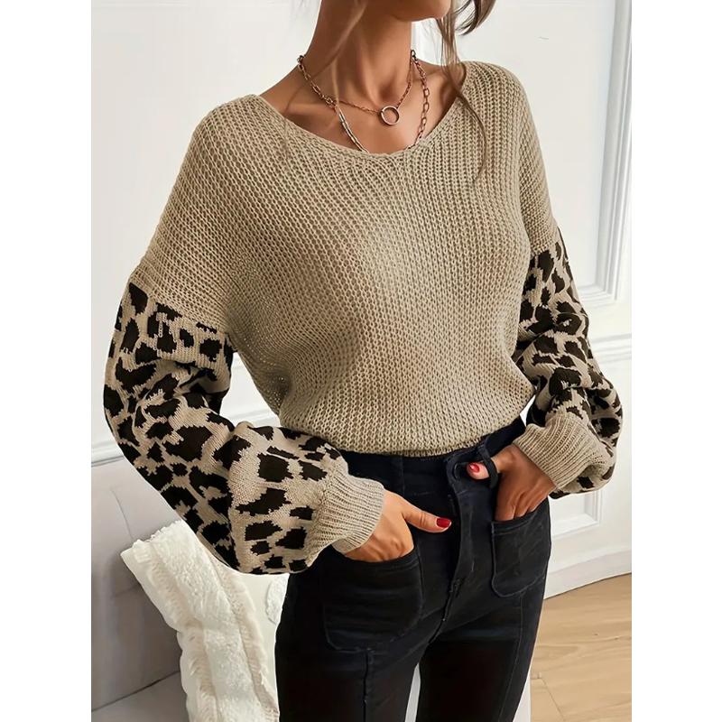 

Женский осенне-зимний трикотаж с V-образным вырезом, свободный повседневный топ со вставками с леопардовым принтом, универсальный модный свитер XL дубильная кора