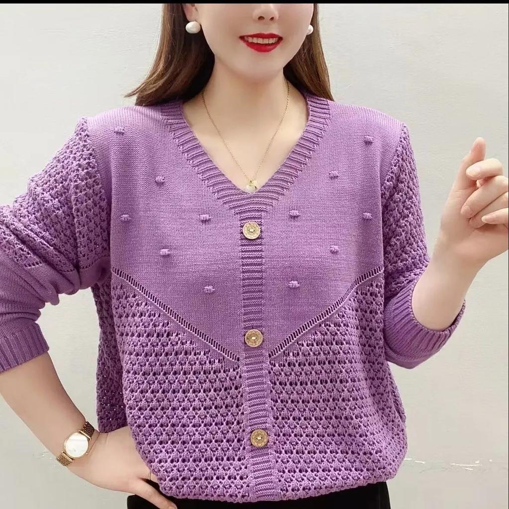 Spring Women's Knit V-Neck Loose Cover Hollow Sweater Versatile Style Long Sleeve Top