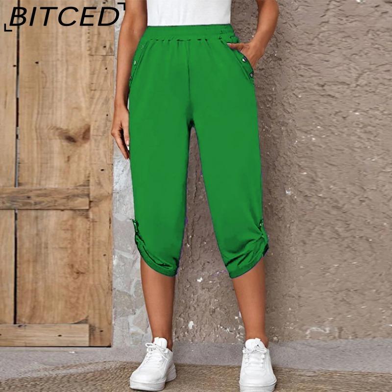 

BITCED Женские укороченные брюки с карманами и эластичной талией, летние пуговицы XXXL шамрок зеленый