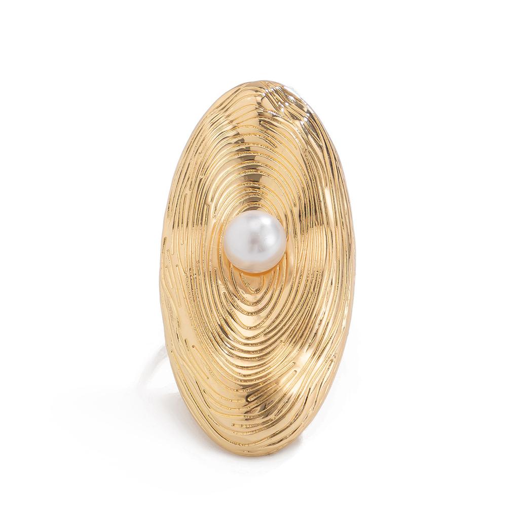 Exaggerated Metal Wind Pleated Imitation Pearl Ring, Personalized Sweet Line Open Ring