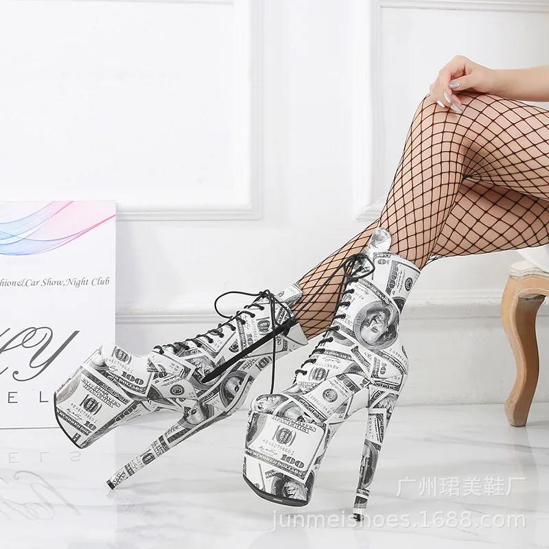 Fashion 20cm European and American Sexy Pattern Super High Heels Model Nightclub Performance Pole Dance Ankle Boots Large Size