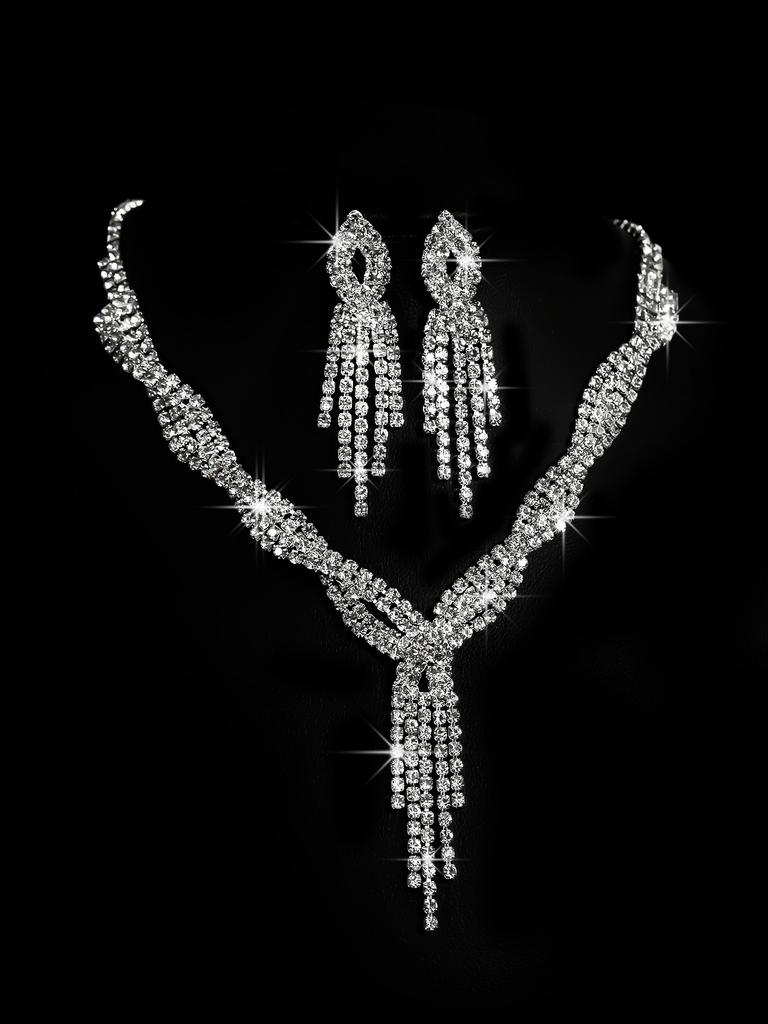 Conjunto de Colar e Brincos de Diamante de Luxo Acessórios para Festa Vestido de Casamento Jantar Corrente de Colar e Brincos de Strass da Moda para Meninas