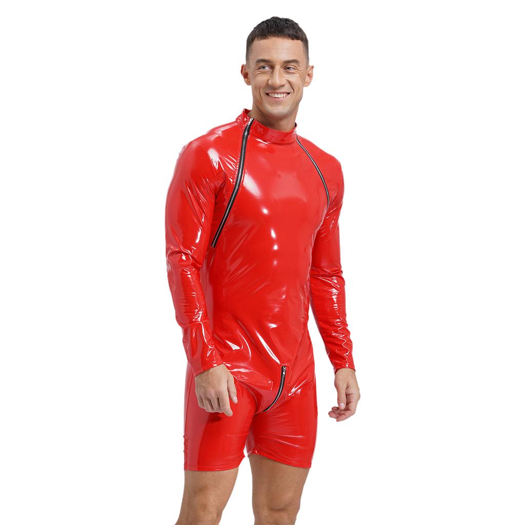 Herren Jumpsuit mit langen Ärmeln, Wet-Look Lackleder, Rollkragen Bodysuit, Reißverschluss im Schritt, Club Tanzkostüm