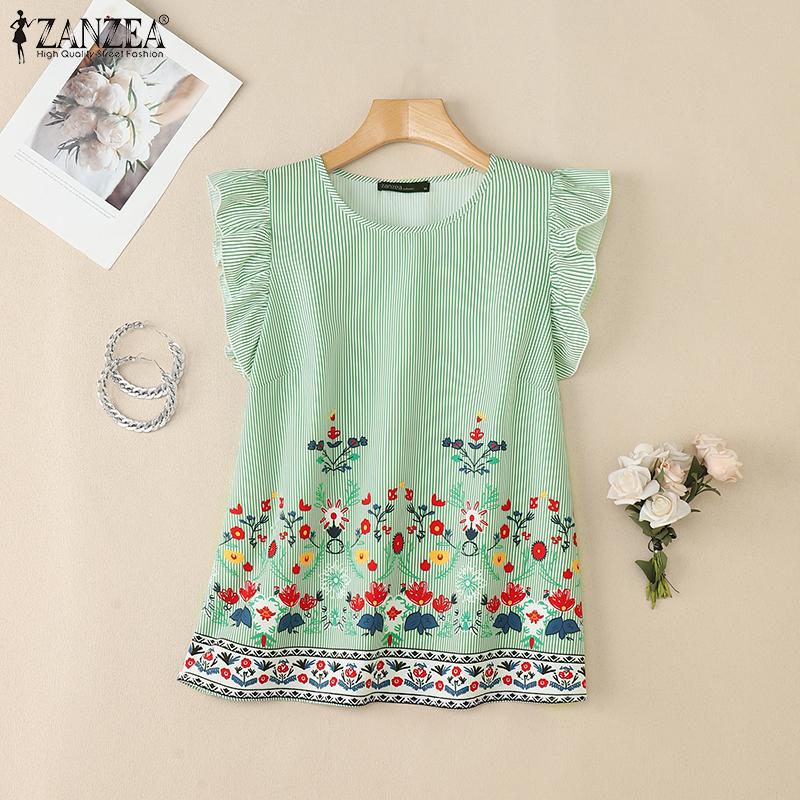 ZANZEA Women Casual Round Neck Summer Sleeveless Floral Print Stripe Tank Tops