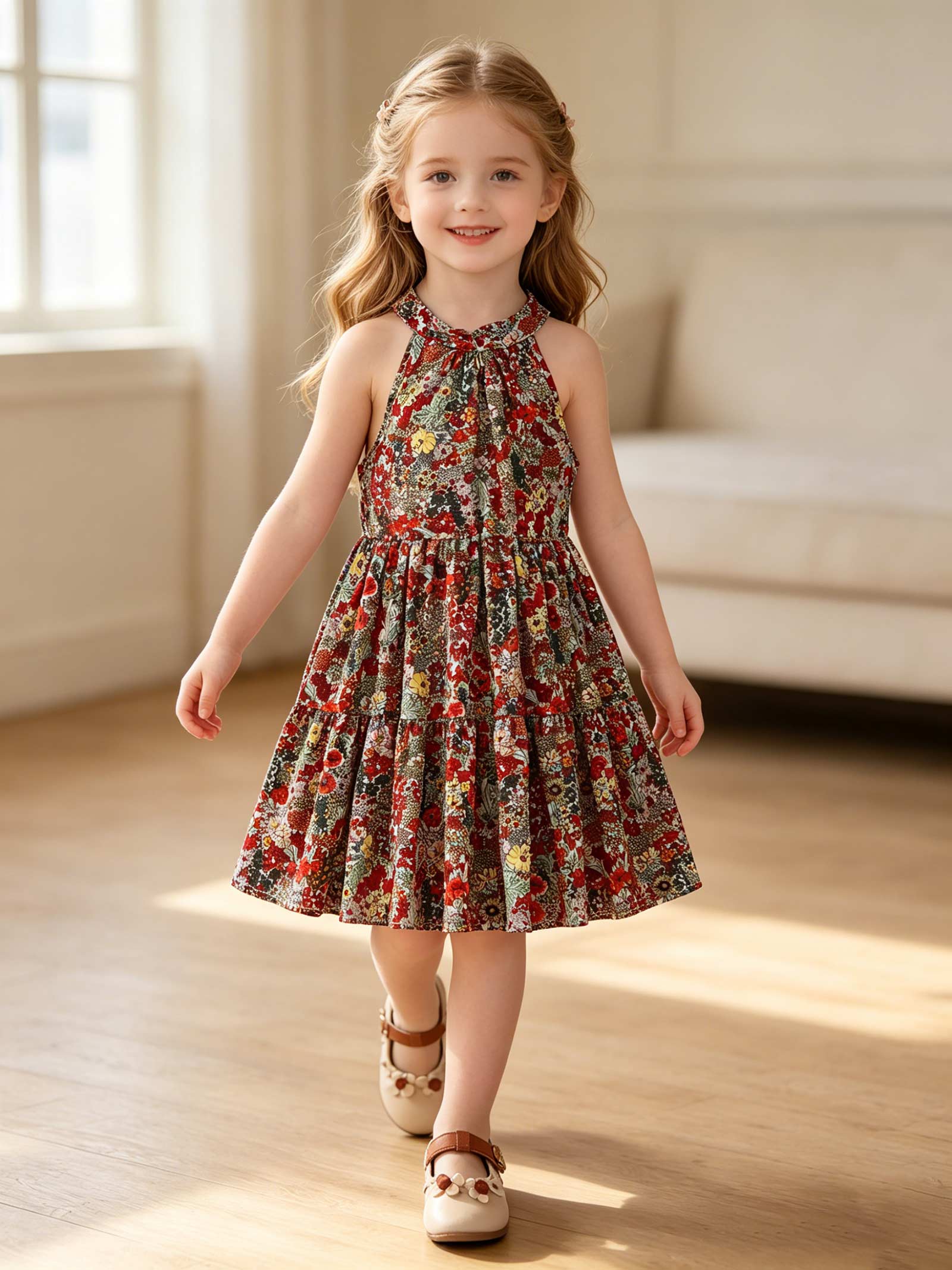 Girls Halter Neck Floral Dress, Sleeveless Ruffle Tiered Summer Sundress for Kids 1-8Y 1-2Y