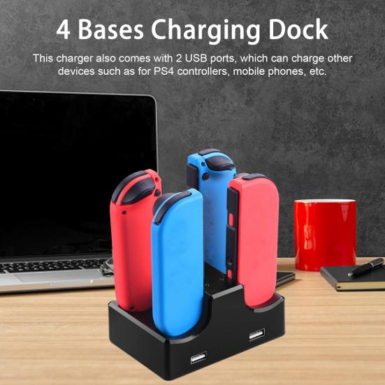 

Зарядная док-станция для игрового контроллера 4-в-1, быстрая зарядка через USB, синий индикатор, противоскользящие аксессуары для видеоигр, зарядное устройство для геймпада для Nintendo Switch