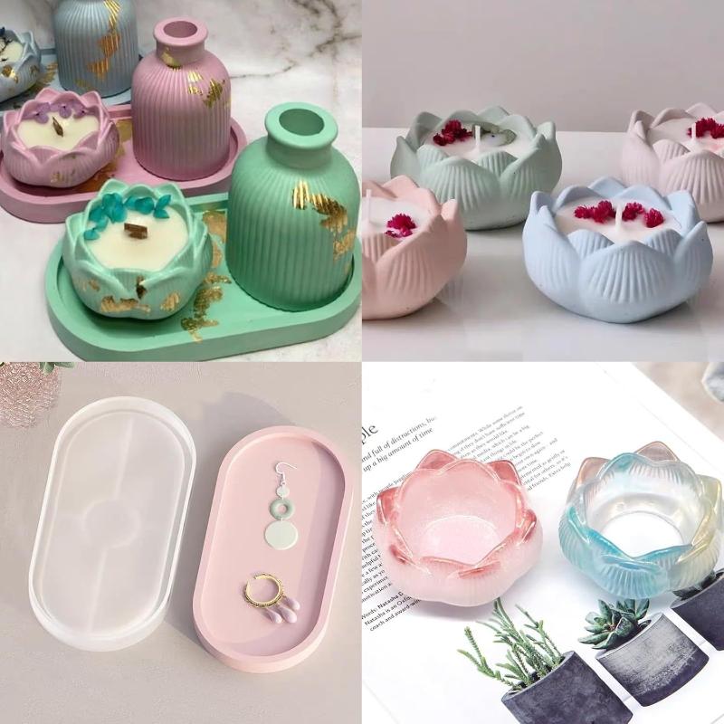Lotus Striped Vase Tray Silicone Mold Set Diy Epoxy Resin Plaster Mold For Flower Arrangement Aroma Clay Craft Home Decoration