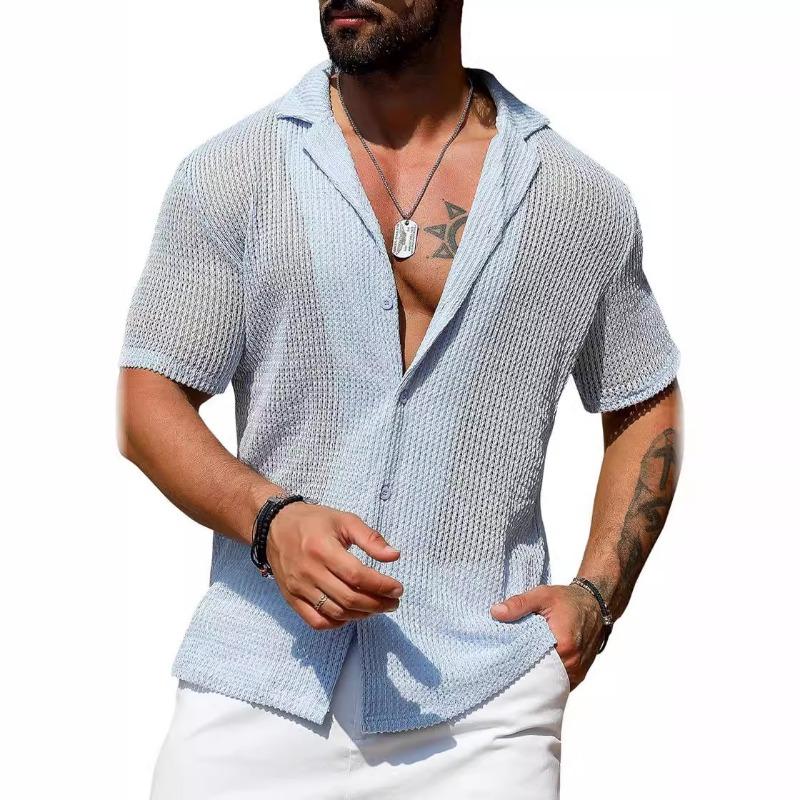 Mens Mesh Knit Short Sleeve Button Down Shirt Openwork Breathable Casual Summer Top