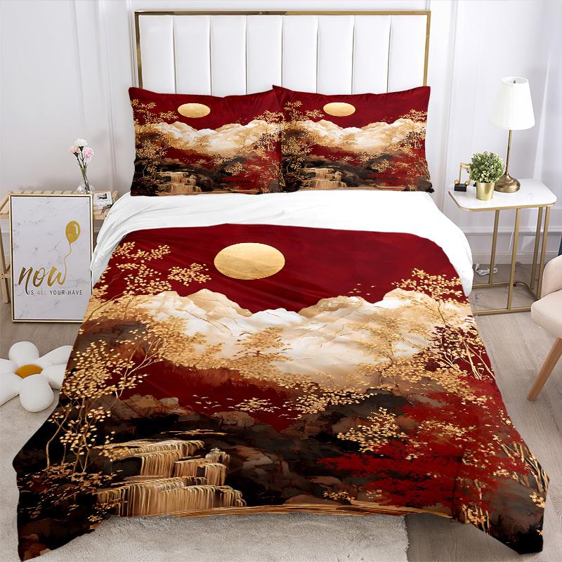 3pcs Chinese Style Landscape Bedding Set, Includes 1 Comforter + 2 Pillowcases, Without Pillow Inserts, Soft Comfortable, Lightweight Breath