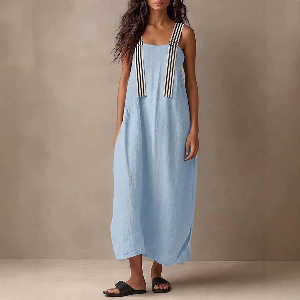 Women Sleeveless Loose Fit Casual Long Dress with Adjustable Striped Straps Lightweight Summer Maxi Dress for Daily Wear
