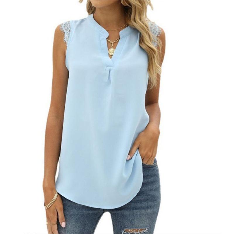 Spring Summer Solid Color Shirt Loose Fit V Neck Sleeveless Lace Trim Top Elegant Casual Blouse Everyday Wear Stylish And Comfortable Women Apparel