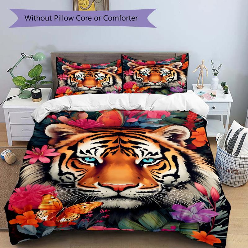 3pcs Tiger Floral Print Duvet Cover Set, Cover For Bedroom Guest Room (1 Duvet Cover + 2 Pillowcase, Without Quilt), yy250922107