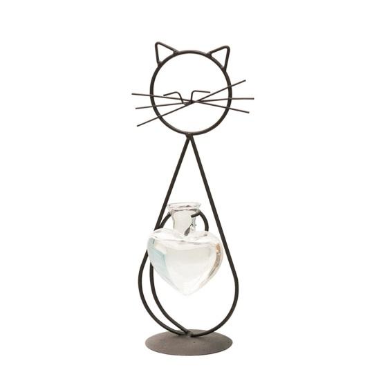 Decorative Ornament, Cat-Shaped Rust-Proof Iron Bracket with Transparent Glass Vase for Hydroponic Plants Desktop Decoration