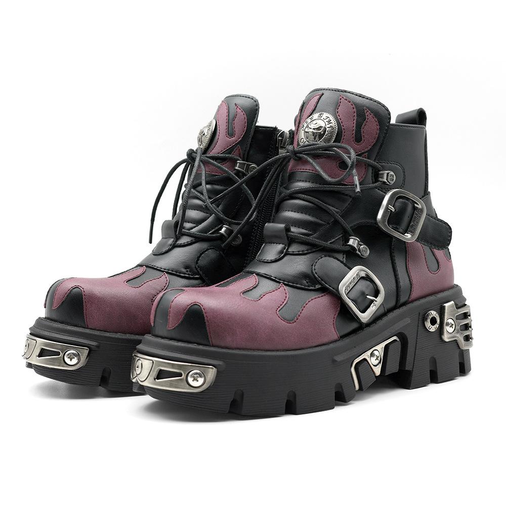 Summer Punk Rock Boots Flames Design Metal Studs Thick Platform Unisex Short Boots Trendy Gothic Footwear