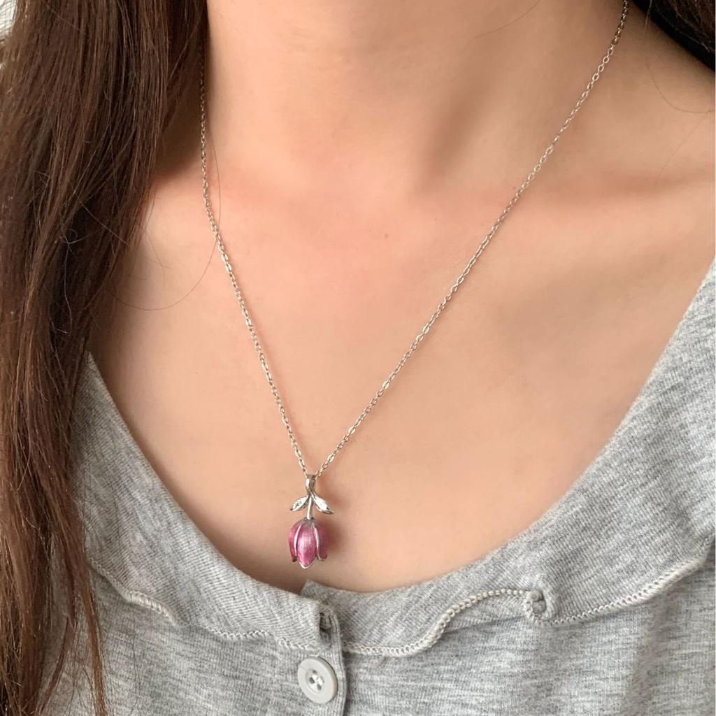 PANJBJ 925 Sterling Silver Flower Tulip Necklace for Women Leaf Drip Glaze Sweet Creativity Jewelry Party Gift Dropshipping
