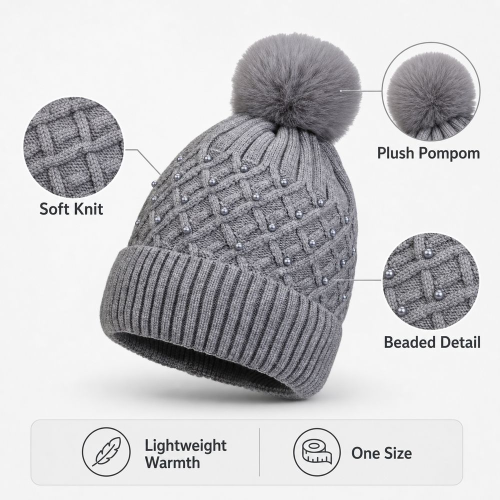 Plush Pompom Women's Knitted Beanie Hat Lightweight Winter Beanie Hat Gifts Pompom Beanie
